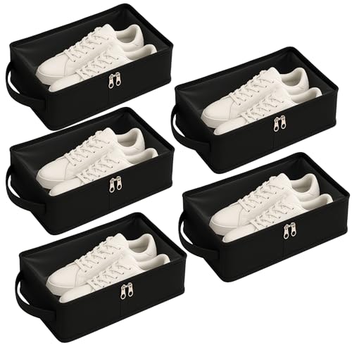 Image of Black Shoe Bag for Travel & Storage, Travelling Shoes Cover, Portable Dustproof Pouch, Sneaker Box, Transparent Home Organiser Boxes, Protector from Rain - Set of 5 (32 X 10 X 18 cm)