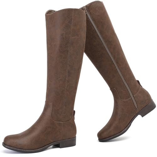 Knee High Boots for Women Comfort Stylish Casual Round Toe Tall Riding Combat Boot Classic Fashion Fall Winter Knee-High Flat Boots. 7.5 Brown Bmf 909