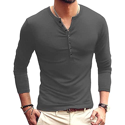 Men's Henley Shirts Long Sleeve Button Muscle Workout T-Shirt Lightweight Fashion Casual Pullover Shirt (Large,Grey)