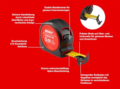 SOLA PROTECT DS - Bandmaß 5m / 25mm - extrem robustes Rollbandmaß mit Nylonbeschichtung - Stahlband mit doppelseitiger Skala - Genauigkeitsklasse II - Rollmeter mit großem Endhaken - Länge 5m/25mm