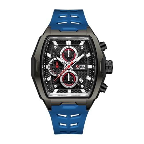 Image of OFNS Mens Watch Sport Quartz Watches for Men Unique Tonneau Wristwatch with Time Display Silicone Band Luxury Business Dress (Black Blue)