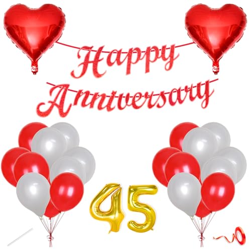 Image of Flyloons 45th Happy Anniversary Decoration Items Red White for Men Women Husband Wife Mom Dad Parent Couple Home Bedroom Car With 20 Pcs Metallic Balloons Anniversary Banner 2 Pcs Heart Set Kit