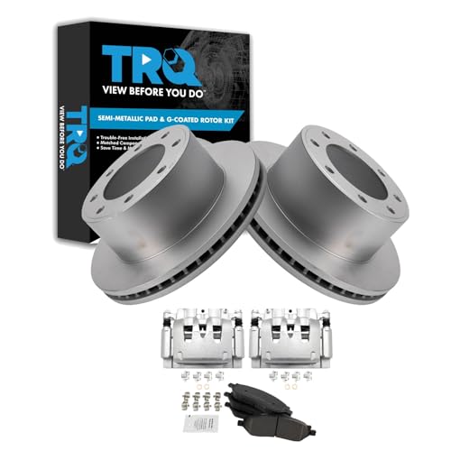 Image of TRQ Rear Brake Pad, Caliper, & Rotor Kit Semi-Metallic Vented Premium G-Coated Compatible with 2006-2007 Ford F-250 Super Duty F-350 Super Duty