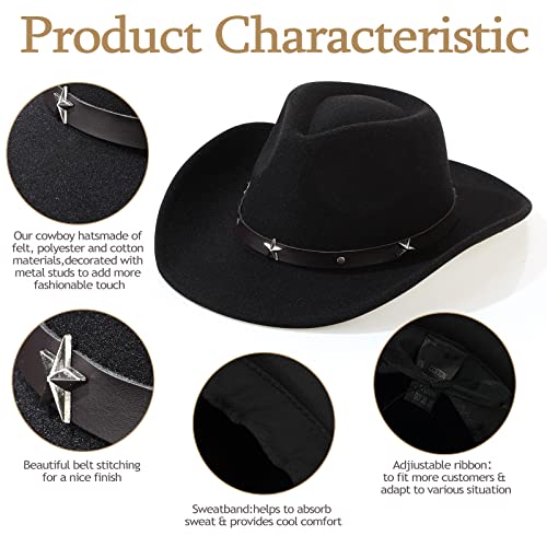 Mumufy 4 Pcs Classic Western Cowboy Hat Men Felt Wide Brim Hats Women Belt Buckle Cap for Adults(Black, Camel, Khaki, Beige)