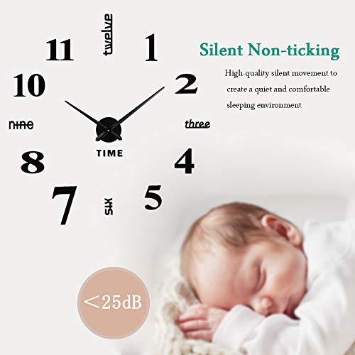 Vreaone Frameless Diy Wall Clock,Large Modern 3D Mirror Wall Clock Decor Sticker Diy Clock Kit For Home Living Room Bedroom Office Wall Decorations(Black) #TOP1