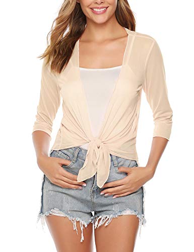 Aiboria Womens 3 4 Sleeve Sheer Mesh Shrug Tie Front Cropped Bolero Cardigan Apricot Medium