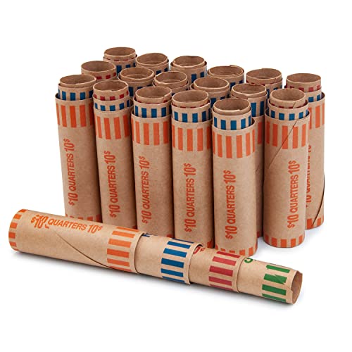 Naturalabel 72 Assorted Coin Wrappers Rolls - 18 Quarters, 18 Pennies, 18 Nickels, 18 Dimes, Durable Preformed Paper Coins Tubes, Change Rolls Wrappers (72Pcs) #TOP3