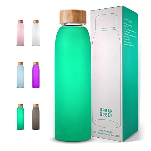 Glass Water Bottle with Protective Silicone Sleeve and Bamboo Lid Urban green, 18oz, 1extra 304 Stainless Steel Lid with Handle, BPA Free, Dishwasher Safe, Best gift
