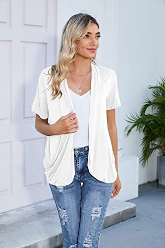 Hiyiyezi Short Sleeve Cardigan For Women Lightweight Flowy Drape Front Work Cover-Up Shrug With Pockets (Medium,White) #TOP4