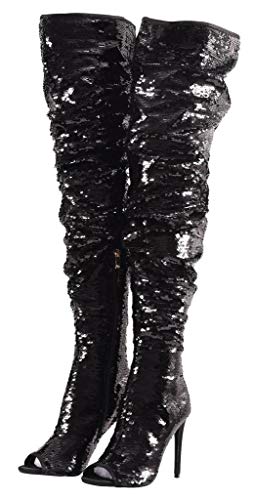 Camssoo Women's Sparkle Sequins Over The Knee Boots Fashion Sexy High Heels Thigh High Boots Open Toe Party Dance Stiletto Knee High Boots Black Size Us 10.5 Cn44 #TOP2