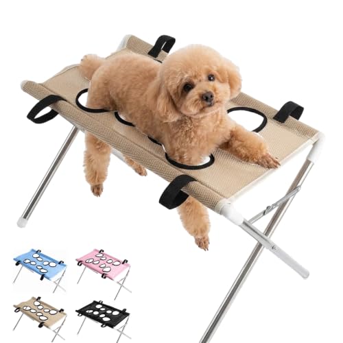 Pet Grooming Hammock, Pet Bathing Hammock & Washing Holder for Small Dogs Cats, Portable Dog Shower Sling Stand with Foldable Frame for Nail Trimming, Ear Cleaning & Daily Care (Khaki,60*30*40cm)