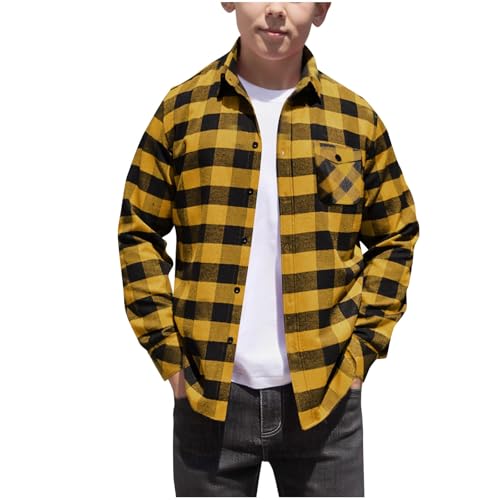 duxyoz Kids Boys Plaid Button Down Shirts Casual Long Sleeve Preppy School Jacket Checked Lapel Collar Formal Shirt Jackets Yellow 12-13 Years