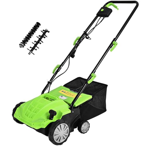 GYMAX Scarificatore Arieggiatore Elettrico, Rastrello, Design 2 in 1, Altezza Regolabile, 30L Sacchetto per la Raccolta dell'Erba, Maniglia Pieghevole (Verde)