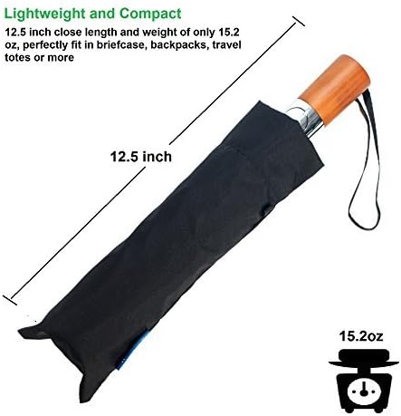 Auto Open Close Umbrella, 3 Fold Travel Umbrella Windproof Compact Automatic Umbrella Unbreakable Lightweight Rain Umbrella with Wooden Handle and Safe Reflective Strip (Black)