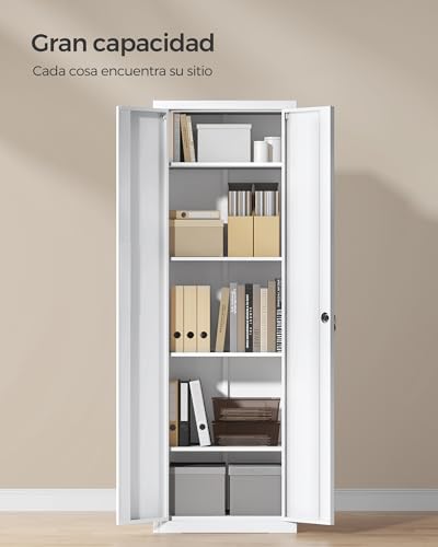 Miniatura 7 de Songmics Armario De Garaje De 5 Estantes Con 2 Puertas, Armario De Oficina, 40 X 60 X 180 Cm, 1 Cerradura, Estantes Ajustables, Gabinete De Metal, Blanco Mate Omc014w01