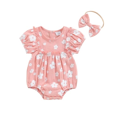 Image of Baby Girl Rompers Daisy Print Short Sleeve Infant Bodysuit Summer Newborn Girl Linen Cotton Jumpsuit Clothes Headband