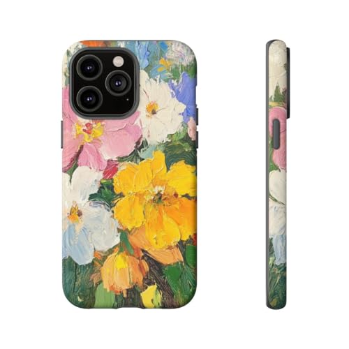 Peinture à l'huile florale sur cette coque rigide mate verte pour iPhone 14 Pro Max