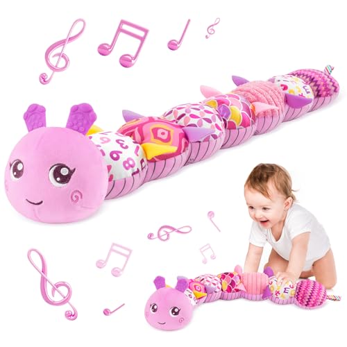 Image of Infant Baby Musical Stuffed Animal Activity Soft Toys with Multi-Sensory Crinkle, Rattle and Textures, for Tummy Time Newborn 0-3-6-12 Months Girls, Caterpillar, Red & DeepPink