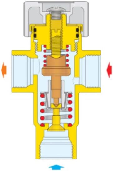 Dimensional drawing of the Caleffi 520440 thermostatic mixing valve with measurements A, B, C, D and a table of codes and weights.