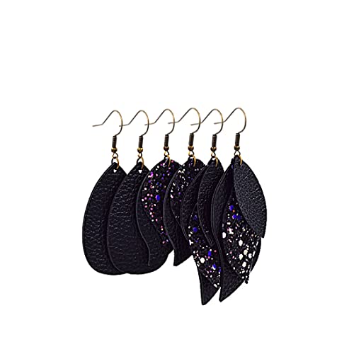 3Pairs/Pack Lightweight Layered Faux Leather Earrings Glitter Sequins Teardrop Dangle Earrings t for Women Winter Statement Jewelry-black