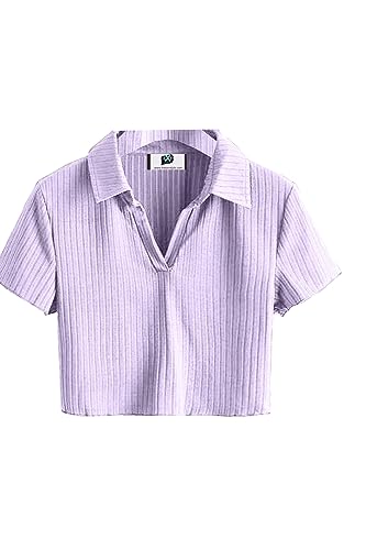 Image of SXV Lavender Ribbed Polo Collar Crop t-Shirt