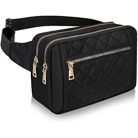 Cute Large Black Fanny Packs for Women Cross Body Waist Bag Nylon Fashionable Fanny Pack Designer Workout Hiking Waist Pack Running Travel Gym Pretty Zipper Fashion Quilted Womens Fanny Pack Cover