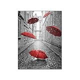 Dancing Red Umbrella Black and White Wall Art Cityscape Wall Art Streetscape Pathway Canvas Painting