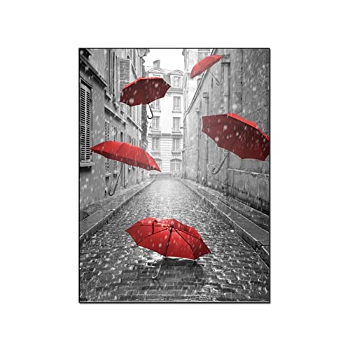 Dancing Red Umbrella Black And White Wall Art Cityscape Wall Art Streetscape Pathway Canvas Painting Posters And Prints Wall Art Pictures For Living Room Bedroom Decor 24X32Inch(60X80Cm) Frame-Style #TOP13