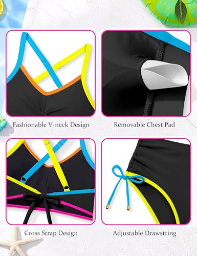 Image of Teen Girls Swimsuits V-Neck Bikini Set Bathing Suits Cross Straps Two Piece Swimwear with Drawstring