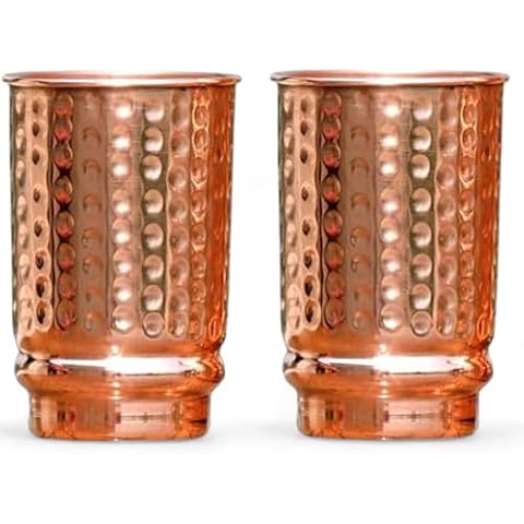 HEALTHANDWEALTH Pure Copper Hammered Drinking Cups - Ayurvedic Health Copper Tumblers – 2 pcs. set -LACQUER Free (11.8 US Fl Oz) Traveller's Copper Cups for Ayurveda Health Benefits (Hammered) Cover