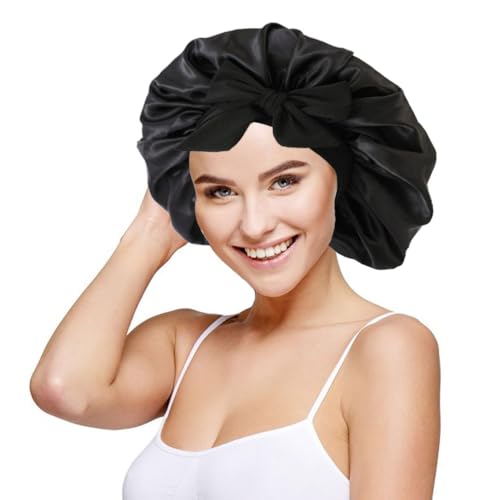 Gorro De Seda para Dormir para Pelo Rizado con Banda Ancha Elástica, Satén Negro para Mujeres