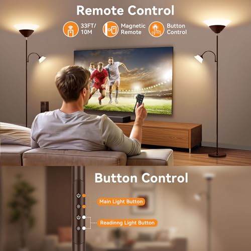 Image of SIBRILLE 2-in-1 Torchiere Floor Lamp, 34W Super Bright LED Standing Lamp with Remote & Touch Control, 72 inch Dimmable Adjustable Corner Reading Lamp for Living Room, Bedroom, Office, Brown