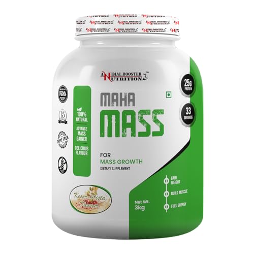 Image of Animal Booster Nutrition Maha Mass Gainer, 25 Grams of Protein in 90gm of Serving Helps in Gain Weight, Build Muscle & Fuel Energy - Kesar Pista Flavor (33 Servings /3KG)