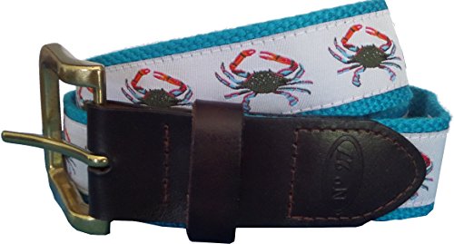 Mens Blue Crab Leather Belt, Leather Tab and Buckle, Blue Crab Nautical Leather Belt