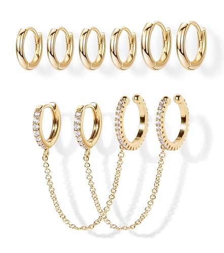 Image of Small Gold Huggie Hoop Earrings Set for Women Men Hypoallergenic 14K Plated Stack Cartilage Earrings, Sterling Silver Multiple Piercing Lightweight Mini Thin Cute Dainty Trendy Jewelry Gifts for Women