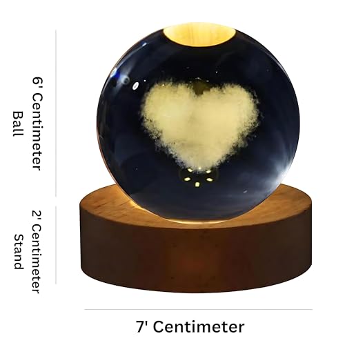 Image of 3D Crystal Ball Night Light with Wooden Base, Aesthetic Clear LED Lamp for Home and Bedroom Touch Switch, Warm Light for Kids and Teens Perfect Birthday & Anniversary (Heart Lamp)