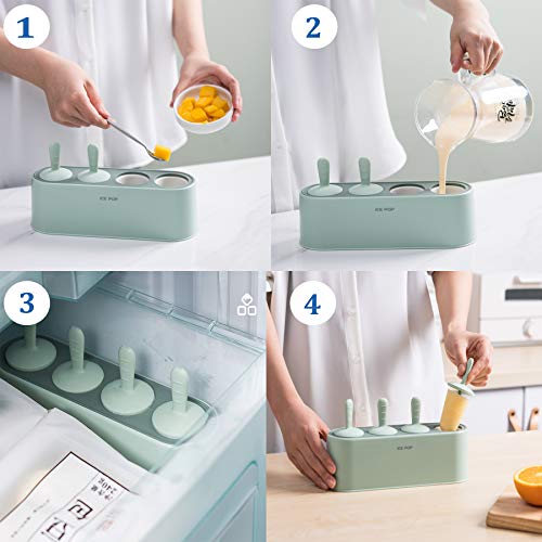 Popsicle Mold With 4 Pops, Silicone Molds Reusable Ice Pop Makers Easy Release Popsicle Tray For Diy Ice Cream Homemade (Green) #TOP5