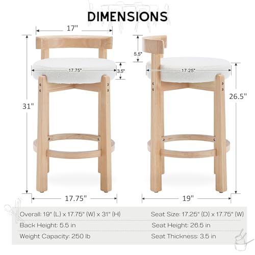 Image of CIMOTA 26.5 inch Counter Height Bar Stools Set of 2 | Mid Century Modern Low Back Bar Chairs with Solid Wood Legs & Sherpa Upholstered Seat, Kitchen Island Stools, White