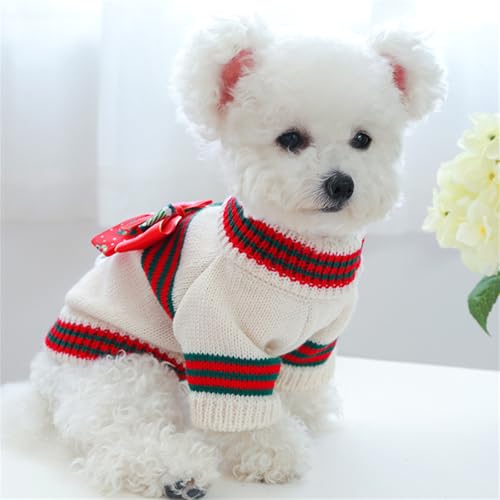 MeiAOBest Pet Christmas New Year Sweaters,Cat Dog Knitted Jumper with Bow,Cold Weather Puppy 2-Leg Knitwear Pullover for Cat Puppy Small Dog_M(White) - Image 4