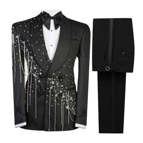 Men's Tuxedo Suits with Rhinestone Shiny Double Breasted Blazer Prom Slim Jacket Pants Set for Wedding,Party,Dinner
