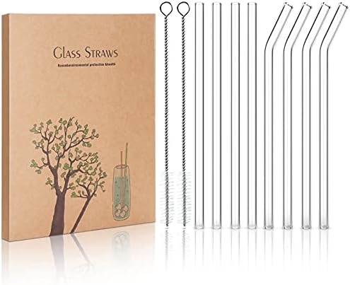 STREWEEK 8PCS Reusable Glass Drinking Straws, 8.5in X 10 mm, with Two Cleaning Brushes, Perfect for Smoothies, Milkshakes, Juices,Teas and Other Cold/Hot Beverages