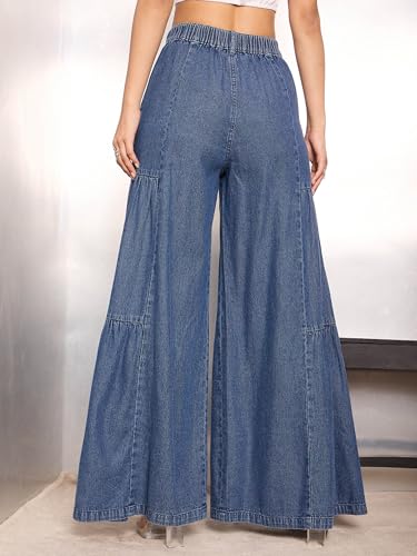 Image of Sassafras Women's Flared Washed Gathered Front - Casual Streetwear Denim Wide Leg Jeans