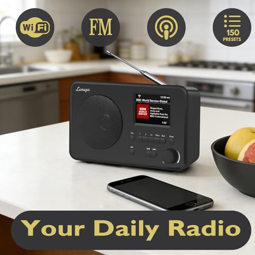 Image of LeMega IR1S Internet Radio, Podcasts, Bluetooth, FM, Black | Alarm clock, full colour display, mains or AA battery, compact kitchen radio, snooze, sleep timer, 150 unified presets