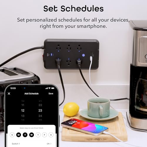 Image of Geeni Smart Plug Power Strip, 6 Outlets & 2 USB Ports, Surge, 6 ft., Black | 6 smart outlets, 2 always-on outlets, Wi-Fi & voice control, 1200 joules protection