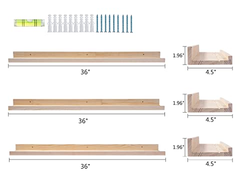 Azsky 36 Inch Picture Ledge Shelf Solid Wood Large Floating Shelves Wall Mounted Rustic Natural Shelves For Home, Living Room, Bedroom, Bathroom, Office 3 Same Sizes #TOP4