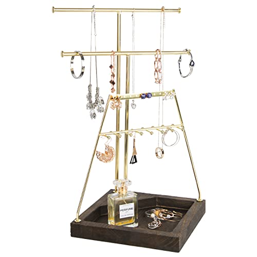 J JACKCUBE DESIGN 3-Tier Gold Jewelry Tree Stand, Accessory Organizer Display for Necklace, Earrings, Bracelet, Rings Holder with Wooden Tray- MK744A