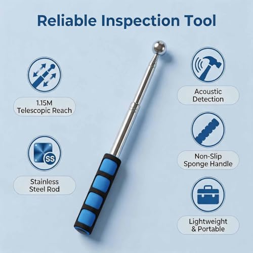 Miniatura 3 de 1 Martillo Telescópico Azul Para Detección De Azulejos, Varilla De Acero Inoxidable De 1,15 M Con Mango De Esponja Antideslizante Para Inspección De Paredes Y Cavidades, Detector De Superficie Hueca
