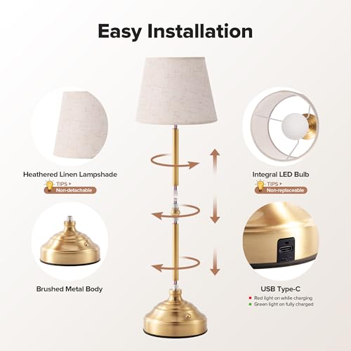 2 Pack Cordless Table Lamp, Rechargeable Desk Lamp with Fabric Shade, Battery Operated Lamp 3 Color Stepless Dimming, Portable Touch Bedside Lamp Home Decor for Dining, Counter (Brushed Gold) by keysays - Used condition - Image 2