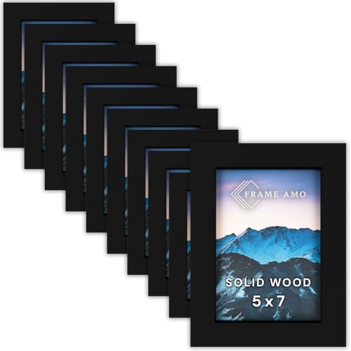 Frame Amo Pack of 10, 5x7 Black Picture Frames, for Wall or Tabletop