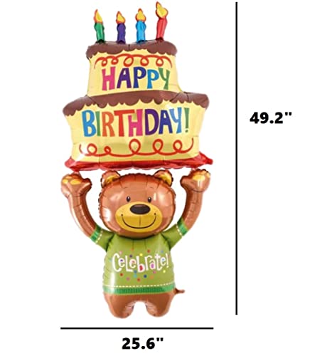 49.2" Jumbo Bear With Birthday Cake Balloons - Bear Happy Birthday Foil Balloon - Kids Animal Bear Jungle Zoo Farm Safari Theme Party Favors Baby Shower Decoration Party Supplier 4Pcs #TOP1